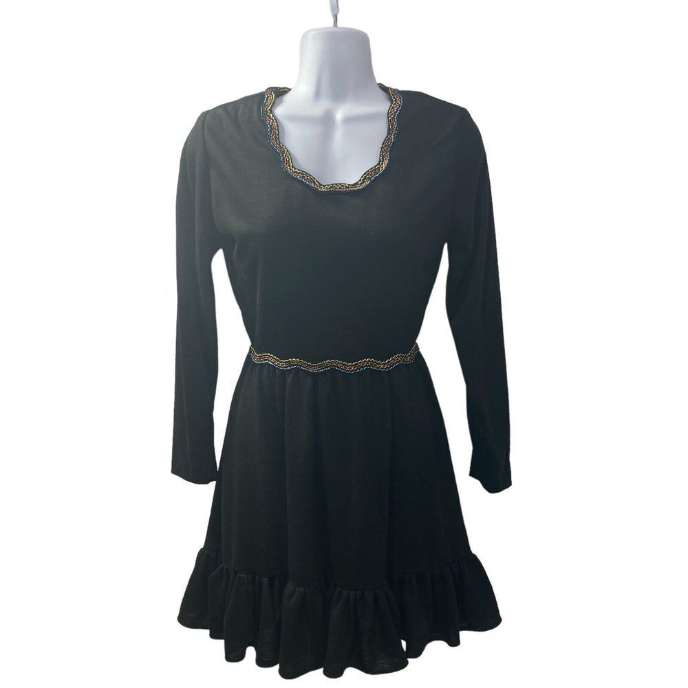 Handmade Dress Black Mini Long Sleeve Knit Stretch Ruched Hem and Trim Vintage‎